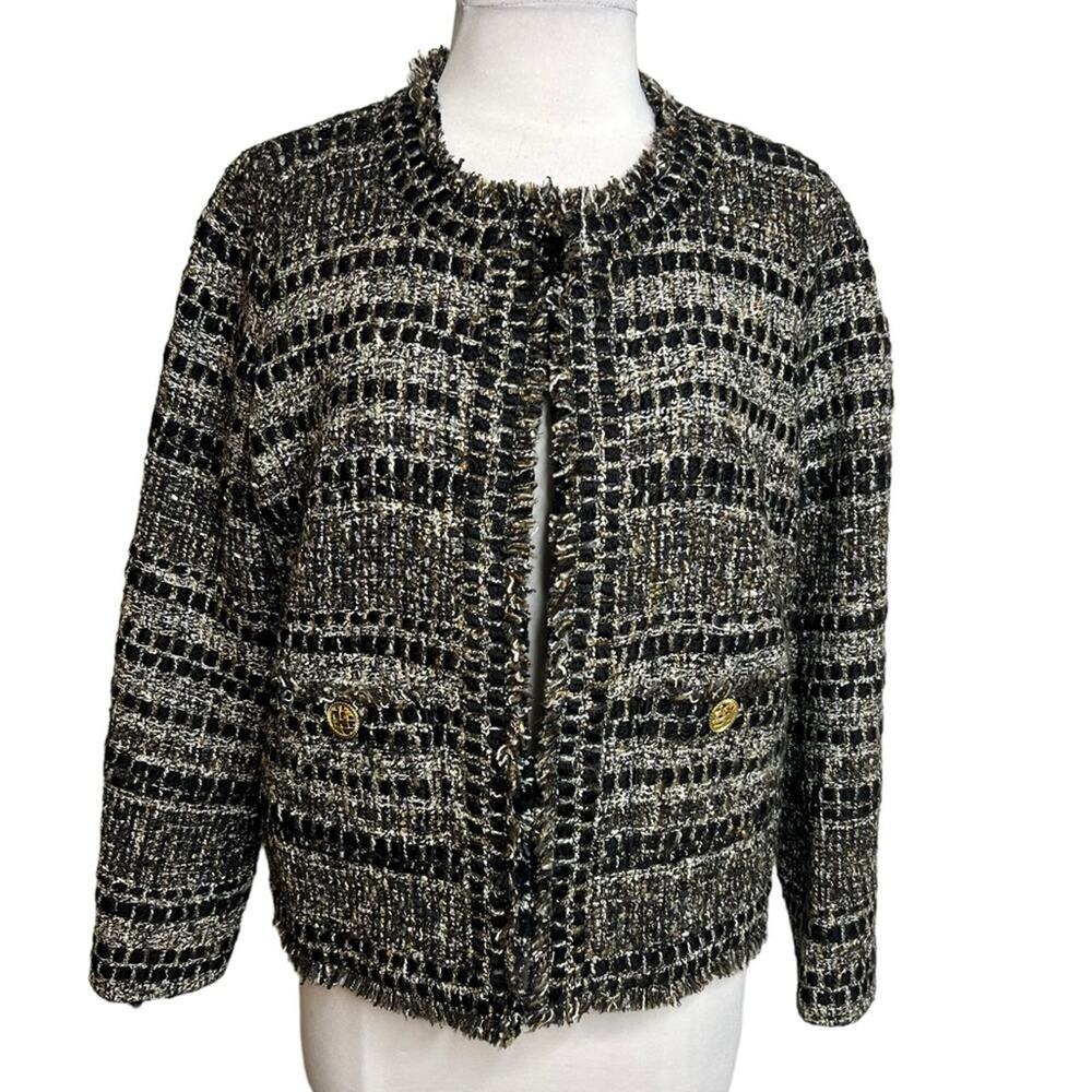 Edward Achour Paris‎ collarless tweed fringe lady jacket Sz 44